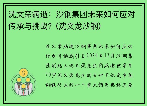 沈文荣病逝：沙钢集团未来如何应对传承与挑战？(沈文龙沙钢)