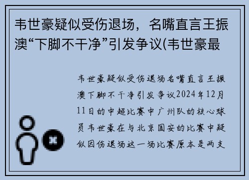 韦世豪疑似受伤退场，名嘴直言王振澳“下脚不干净”引发争议(韦世豪最新)